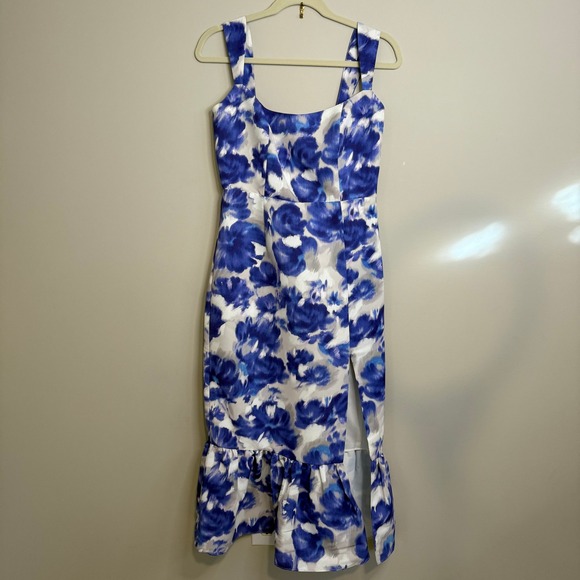 Sachin & Babi Blue Floral Print Square Neck Midi Dress Ruffle Hem And Slit 6 - Picture 2 of 8
